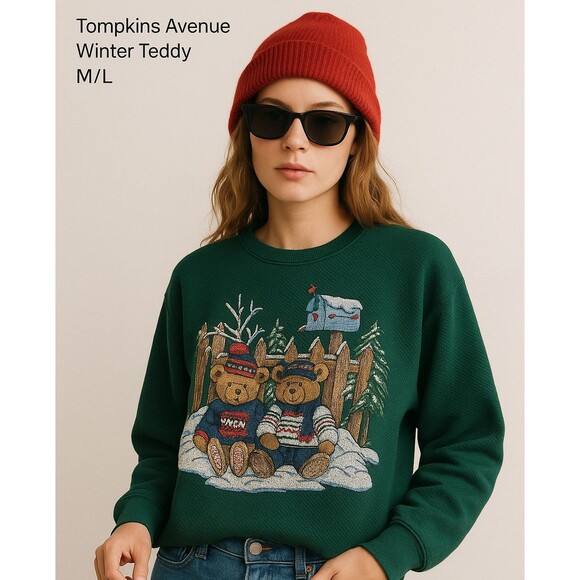 Vintage Winter Teddy Sweatshirt M/L Green Pullover Bears X-mas Tompkins Avenue - Picture 1 of 14